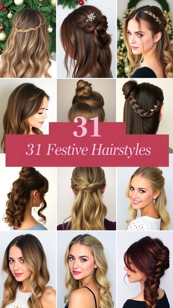 31 Stylish Christmas Hairstyles for Women with Thin Hair A collection of 31 Christmas hairstyles for women with thin hair, including various updos, braids, and waves, set against a festive holiday backdrop.